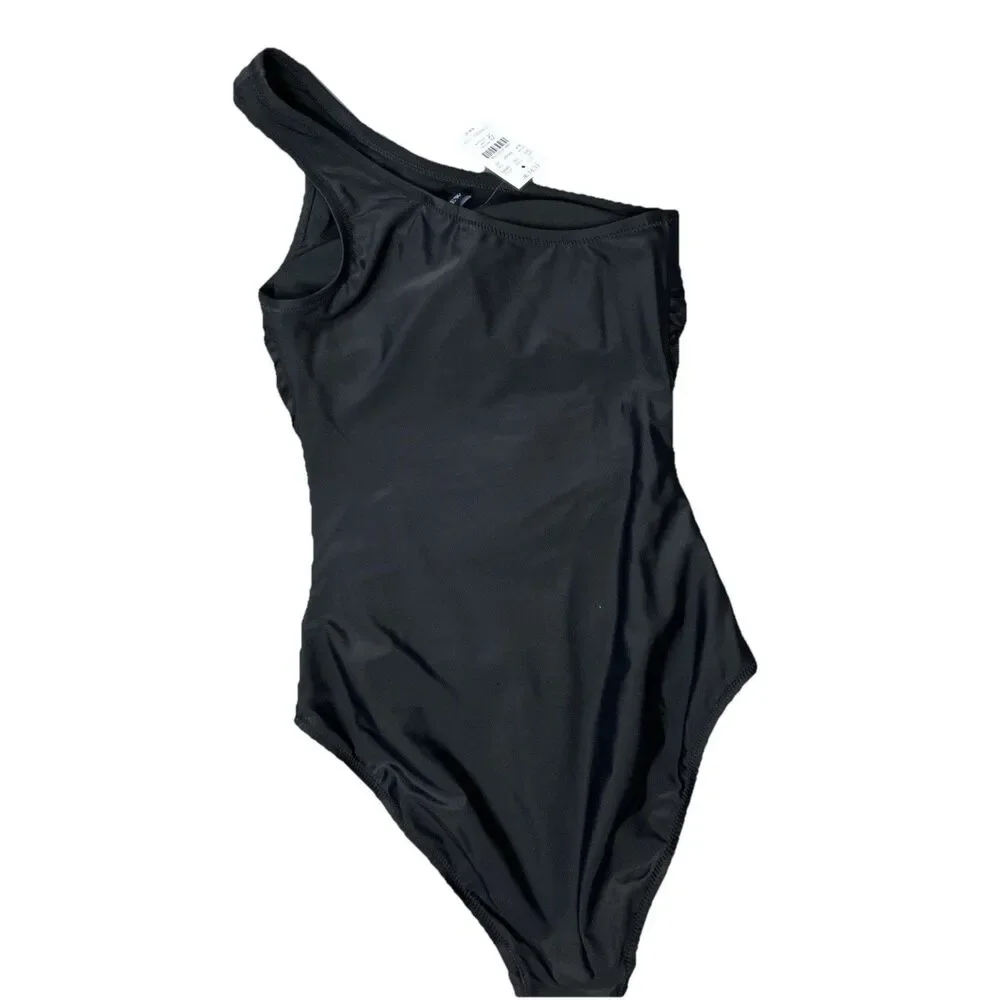 J Crew XS One-Shoulder Ruched One Piece Swimsuit Black High-cut‎ Full Coverage